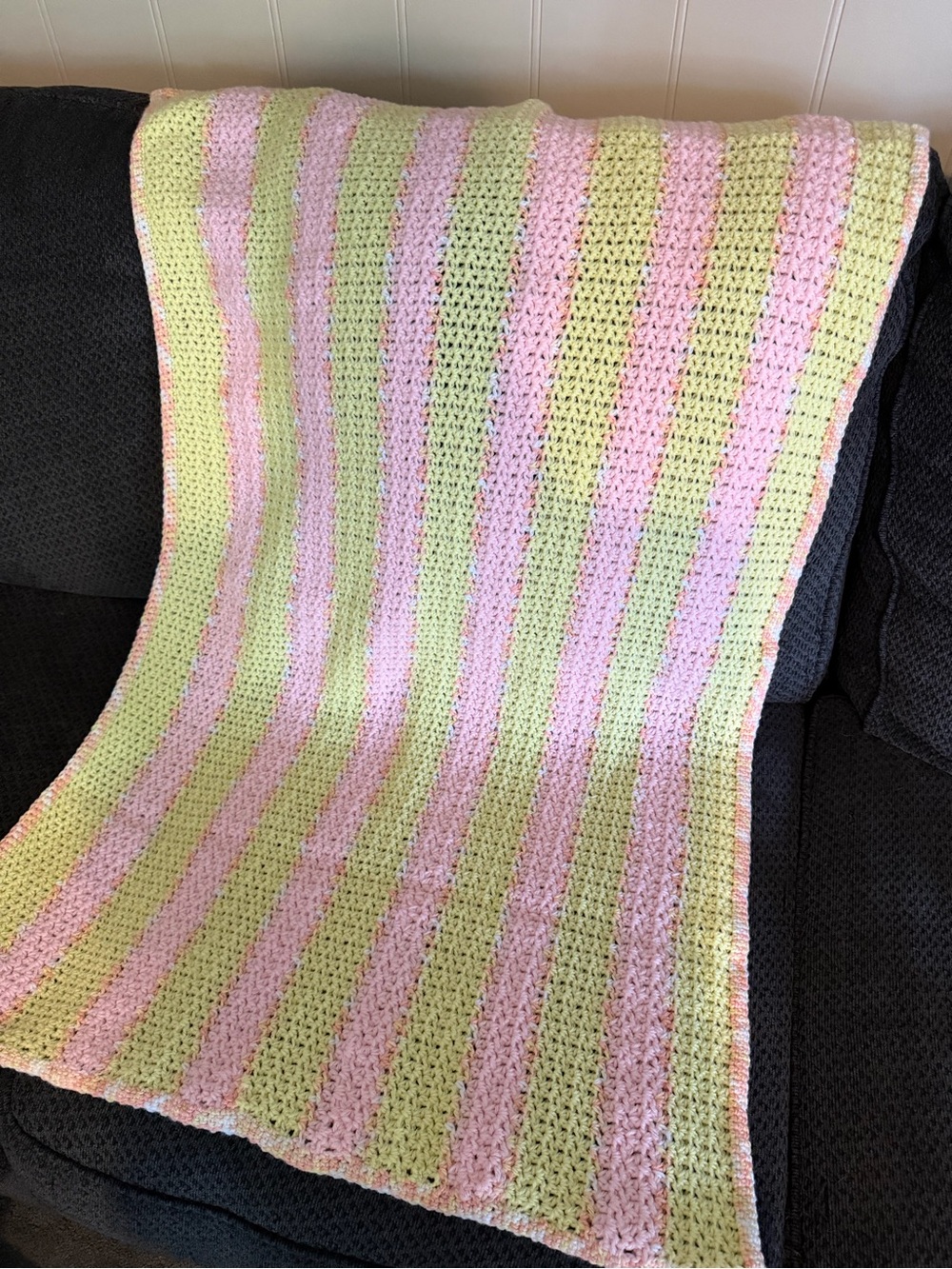 Handmade Crochet Striped Baby Blanket - Pastel Pink & Lime